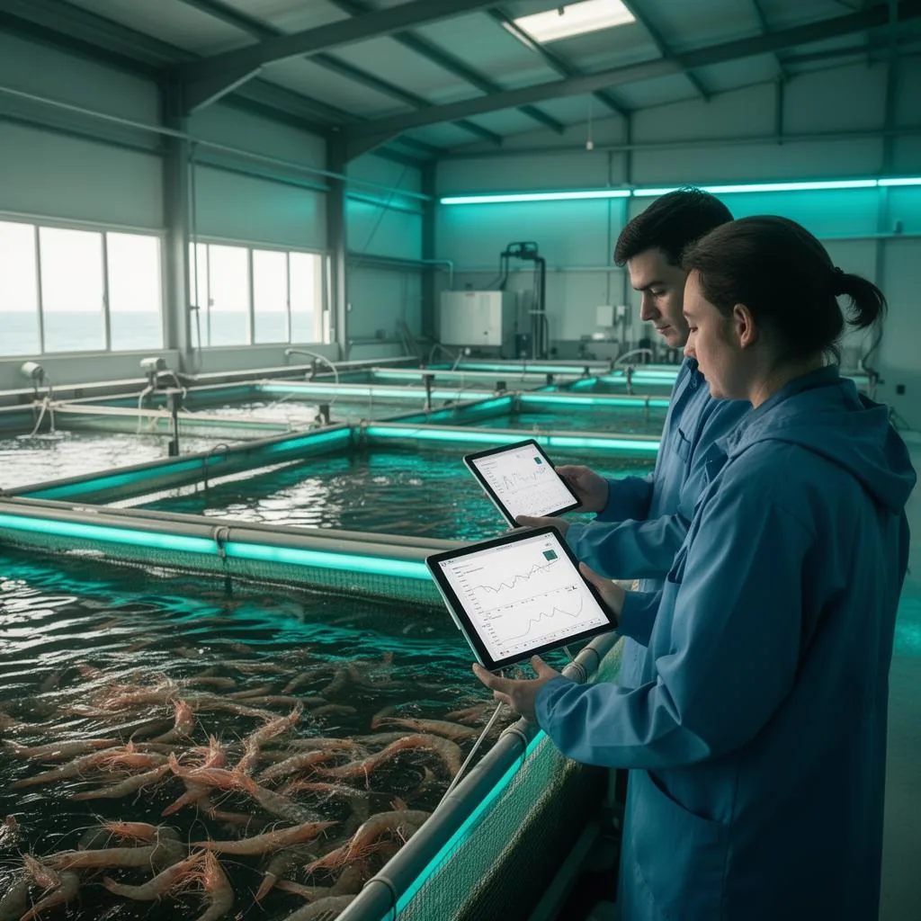Robic Rufarm researchers reviewing live pond IoT data inside the CAMARON aquaculture facility