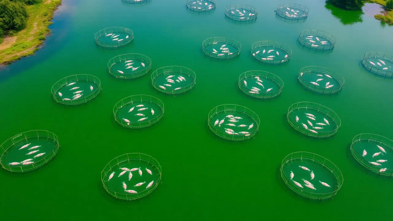 Fish farm with circular net cages for tilapia and freshwater species