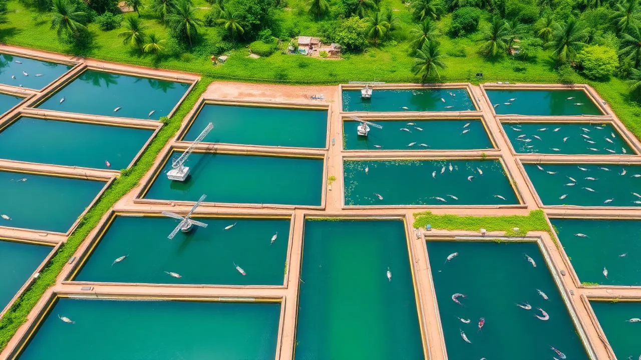 Aerial view of modern shrimp farm ponds with IoT monitoring